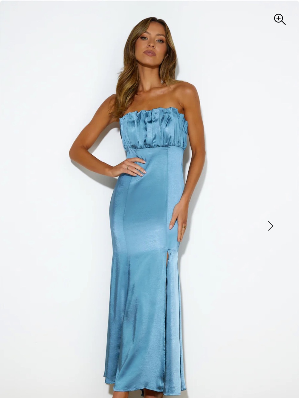 Hello Molly Satin Strapless Ruffled Bodice Midi Dress in Sky Blue